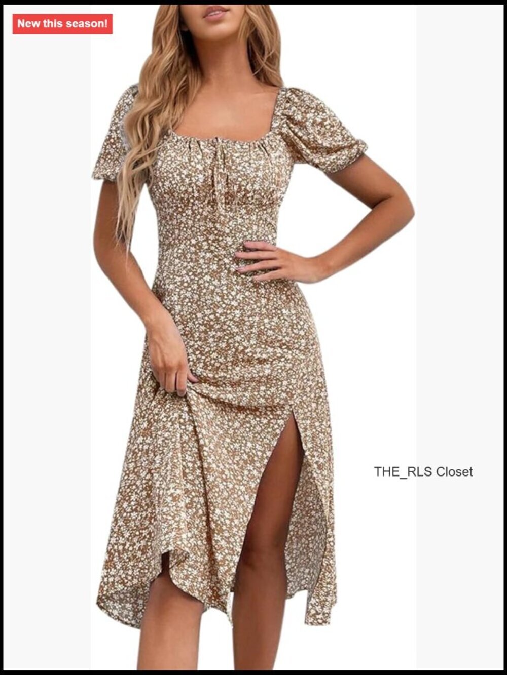 Floral Square Neck Puff Sleeve Midi Dress Ruched Bust High Waist Split